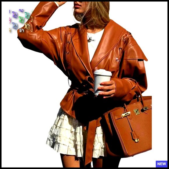 Jackets & Blazers - Oversized Faux Leather Jacket Lace Up Belted Motorcycle Bomber Chic Y2K